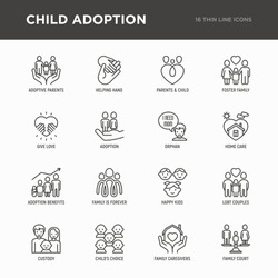 Child adoption thin line icons set: adoptive parents, helping hand, orphan, home care, LGBT couple with child, custody, caregivers, happy kid. Modern vector illustration.