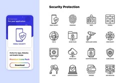 Security and protection thin line icons set: mobile security, fingerprint, badge, firewall, face ID, secure folder, surveillance camera, keyset, shredder, encrypted messaging. Vector illustration.