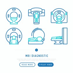 MRI diagnostics thin line icons set. Modern vector illustration of laboratory equipment for web page template.