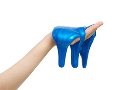 Blue slime in hand isolated on a white background. 
