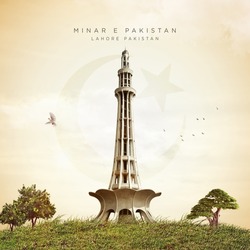 Minar e Pakistan poster and manipulation on cloudy and blurred background