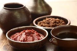 The three most basic sauces of Korean food soybean paste, soy sauce, and red pepper paste.