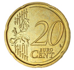 Twenty euro cent on white background