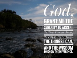 The Serenity Prayer, a Christian quote on blur nature background. A coast at a sea with cloudy blue sky and natural light.