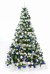 Studio shot of a richly decorated Christmas tree with blue and white ornaments, isolated on a white background. Christmas tree with  Greek,  Finnish, Scotland,  Israel  flag colours.  