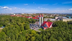 Lala Tulpan mosque in Ufa at summer sunny day, Russia