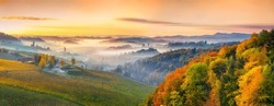 Splendid vineyards landscape in South Styria near Gamlitz. Autumn scene of grape hills in popular travell destination Eckberg. Location: Gamlitz, district of Leibnitz in Styria, Austria. Europe.