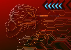 Human Big data visualization. Futuristic Artificial intelligence concept. Cyber mind and circuit board human brain. Concept illustration Electronic chip in form of human brain in electronic cyberspace