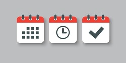 Set vector square icons page calendar - mark agenda app, time, watch, deadline, date page icon and mark done, yes, success, check, approved, confirm. Reminder, schedule line simple sign