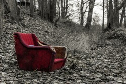Black and White and Color Old Red Chair Along a Path in a Forest