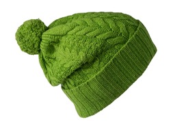   knitted green hat isolated on white background.hat with pompon .