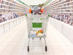 shopping trolley with purchases in the supermarket. Focus is under the back site of it