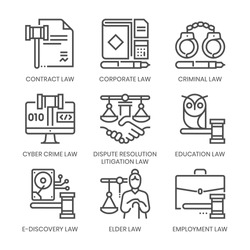 Law fields related, square line vector icon set for applications and website development. The icon set is pixelperfect with 64x64 grid. Crafted with precision and eye for quality.