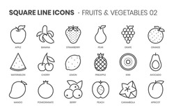 Fruits and vegetables two related, pixel perfect, editable stroke, up scalable square line vector icon set. 