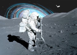 Space astronaut on the moon surface take soil samples with a shovel with black hole on the background. Soft focus. Elements of this image were furnished by NASA.