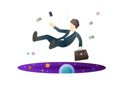 Shocked business man falling down after making work mistake. Man falling in the portal. Finance crisis concept. Modern style vector illustration for landing page, website, banners and presentation.