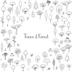 Hand drawn doodle Trees and Forest set. Vector illustration Plant icons Forest concept elements. Isolated silhouette nature symbols collection. Clipart design. Leaf Fir Ever green Branch Stump
