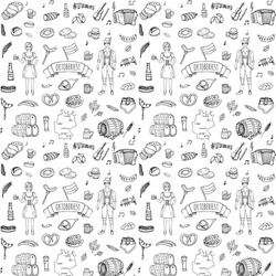 Seamless pattern hand drawn doodle set of Oktoberfest icons. Vector illustration set. Cartoon Bavarian elements. Sketchy collection: Sausage, Beer Barrels, Bread, Girl and Man in traditional costumes.