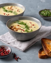 Cauliflower soup on gray tabletop, creamy flower soup with toasted bread, garden cress, red and black peppercorns. 