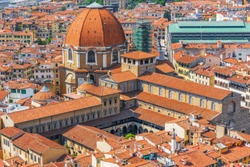 Beautiful landscape above urban and historical view of the Florence from Giotto's Belltower (Campanile di Giotto).The Medici Chapel (Cappelle Medicee).Italy.