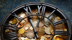 Money and time, abstraction. Coins from ancient times to the present, gold, silver, copper, nickel, bronze selective focus 
finance background