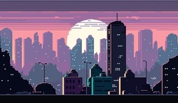 Illustration in retro style of city pixel background, pixel art background, 2d vector illustration, EPS 10.