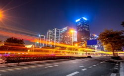 Light trace of modern architecture background in Shenzhen Financ
