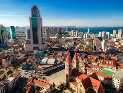 Aerial photography of Qingdao coastline bay area architectural l
