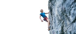 man rock climber with long hair. side view of young man rock climber in bright red shorts resting while climbing the challenging route on the cliff on the white background.