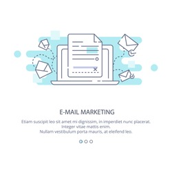 Web page design template of e-mail marketing and news letter advertising. Communication concept, sharing spam, information dissemination, business promotion, sending email in flat layout style. 