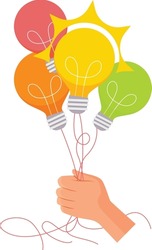 Hand holding colorful bulbs that symbolize different solutions with one that stands out. Concept of finding brilliant ideas. Flat vector illustrations.