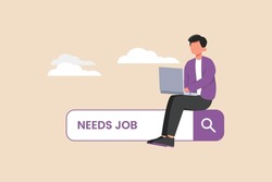 Young boy sitting on the stand needs job. Job searching. Colored flat graphic vector illustration isolated.