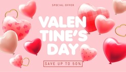 Pink Valentine's Day banner with 3d balloon hearts and gold hearts on pink background. Vector illustration. Cute love valentine banner or greeting card. Place for your text