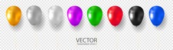 Golden, Silver, White, Grey, Purple, Blue, Cyan Red, Green, Black multicolored helium balloon set realistic vector stock illustration on transparent background. 3D shine balloon for Birthday party.