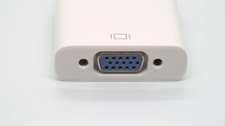 VGA display monitor port plug. Computer adapter at white isolated background. Videocard interface on motherboard.