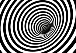Vector optical art illusion of striped geometric black and white abstract line surface flowing like a hypnotic worm-hole tunnel. Optical illusion style design.
