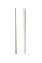 Detailed shot of a beige paper cocktail straw and the same straw in a white individual packaging. The cocktail straws are isolated on the white background.