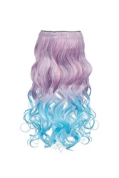 Close-up shot of a curly blue and purple clip-in strands (tresses) of hair. Ombre clip in hair extensions. The strands are isolated on a white background. Front view.