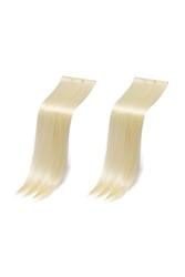 Close-up shot of a two straight clip-in strands (tresses) of hair. Blond clip in hair extensions. The strands are isolated on a white background. Side view.