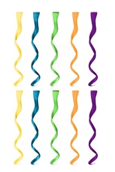 Picture of a set of multicolored curly clip-in strands of hair. Set of yellow, blue, green, orange, purple colored clip-in hair extensions. Strands are isolated on a white background. Front view.