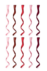 Picture of a set of multicolored curly clip-in strands (tresses) of hair. Strands with shades of red. Strands are isolated on a white background. Front view.