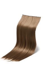Close-up shot of a straight clip-in strands (tresses) of hair. Light brown clip in hair extensions. The strands are isolated on a white background. Side view.