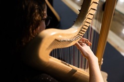 A musician's hands dance across the strings of a harp and play beautiful music.