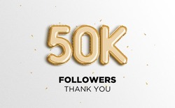 50k followers celebration. Social media achievement poster. Followers thank you lettering. Golden sparkling confetti ribbons. White background