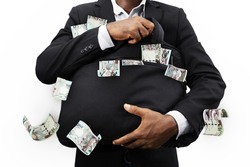 Black Businessman holding black bag full of Barbados dollar notes isolated on white background, money falling from bag, Barbadian dollar
