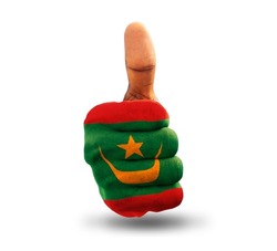 Thumbs up painted in Mauritanian flag colors isolated on white background. National flag of Mauritania