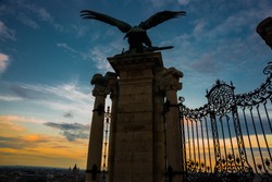 The bronze statue of the mythological Turul bird at the gate of the Royal Palace in Budapest, Hungary, Eastern Europe.