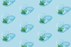 Seamless pattern made of empty clear glass with green mint leaf. Minimal concept on bright blue background.  Exotic summer refreshing drink, cold cocktail beverage.
