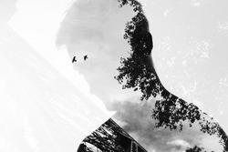 Double exposure with young man, monochrome
