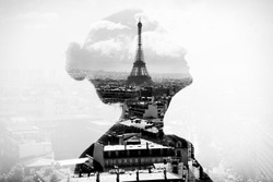 Monochrome double exposure portrait of attractive girl with Paris